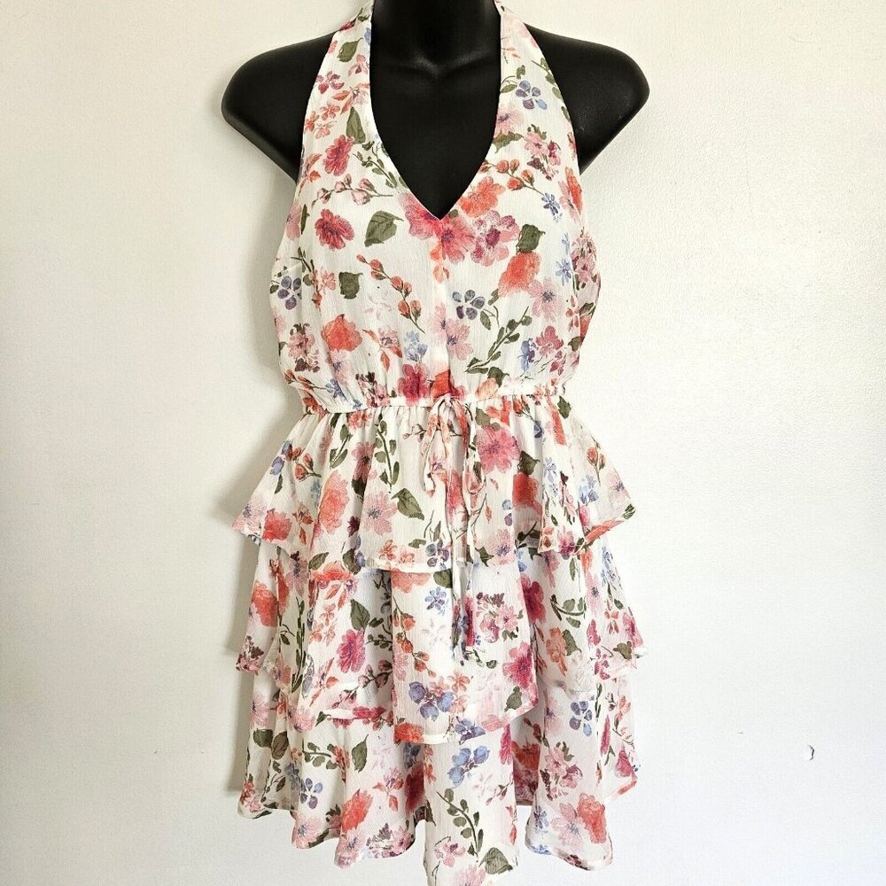 Altard State Dress Chiffon Tiered Halter  V Neck Cottagecore Coquette Girly